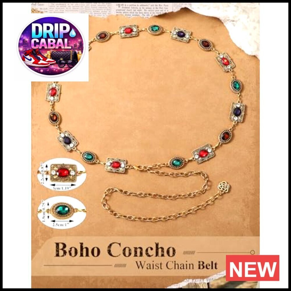 Vintage Western Concho Chain Belt Rhinestone Goho Metal Waist Accessory - Picture 3 of 6